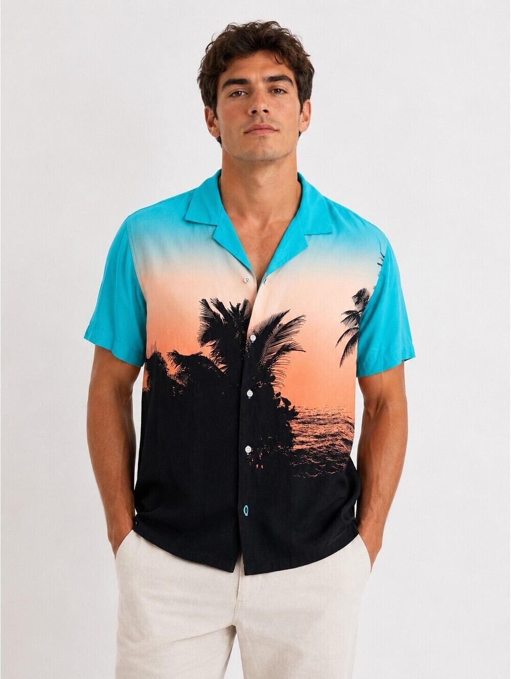 Denim & Flower Ricky Singh Tropical Sunset Palm Print Camp Shirt Men's Medium